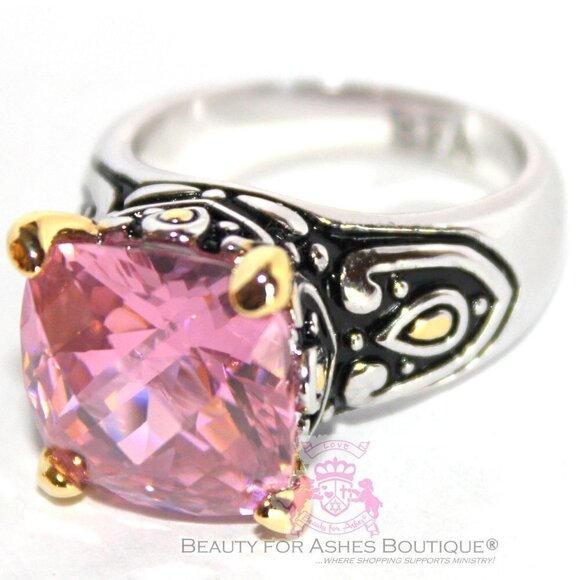 Pink Ice Cz 12mm Throne Room Checkerboard Cushion Cut Two Tone Gold Plated Ring - Picture 1 of 4